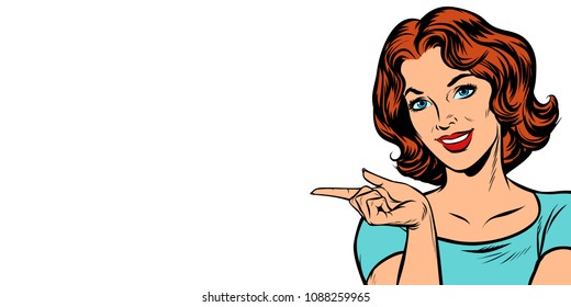 Woman pointing fingers left. Isolated on white background. Pop art retro vector illustration comic cartoon kitsch drawing