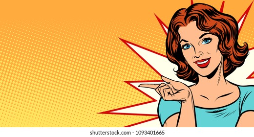 Woman pointing fingers left. Pop art retro vector illustration comic cartoon kitsch drawing