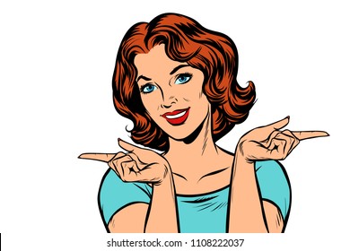 Woman pointing fingers left and right. Isolated on white background. Pop art retro vector illustration comic cartoon kitsch drawing