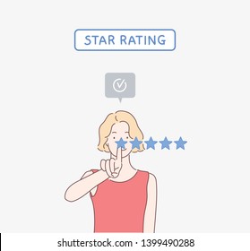 Woman pointing five star to increase. Hand drawn style vector design illustrations.