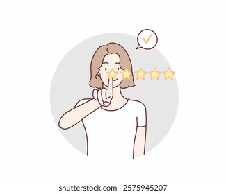 Woman pointing five star to increase. Hand drawn style vector design illustrations.	