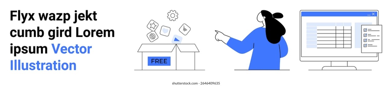 Woman pointing at floating icons over open box labeled FREE next to a computer displaying a data table. Ideal for marketing, e-commerce, online services, software tutorials, digital products, data