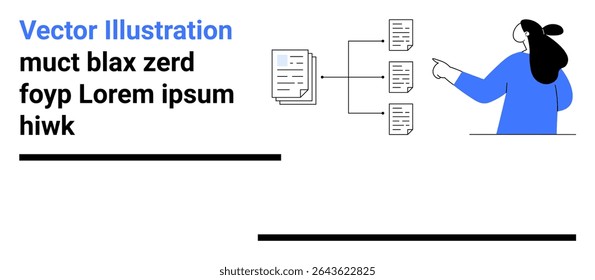 Woman pointing at flowchart with document nodes, representing data organization and management. Ideal for business strategy, project planning, information architecture, education, presentations