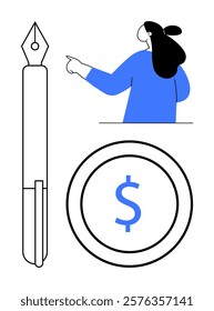 Woman pointing, fountain pen, and dollar sign. Ideal for financial planning, business strategy, investment advice, freelance work, and creative professions. Modern minimalist style