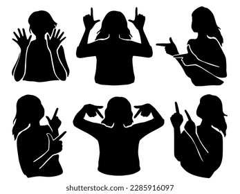 Woman pointing gesture silhouette illustration set black	