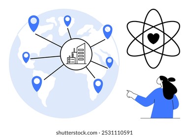 Woman pointing at a globe with multiple locations, industrial building in the center, heart within an atom. Ideal for global business, networking, science, community, and innovation. Minimalist