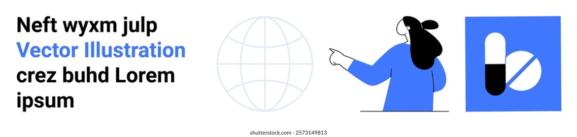 Woman pointing at globe with pills symbolizing global health and pharmaceuticals. Ideal for healthcare, medicine, global network, medical assistance, pharmaceutical industry. Banner for landing page