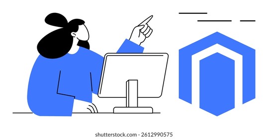 Woman pointing at graphical elements on screen next to a blue geometric shape. Ideal for technology, software development, design, presentation, business, analytics, tutorials. Banner for landing