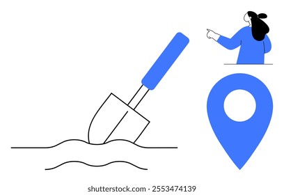 Woman pointing with hand, shovel digging into ground, large location marker on right. Ideal for gardening, navigation, location services, instructional content, educational purposes. Simple modern