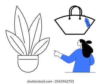 Woman pointing at handbag with price tag in background. Beside her is a potted plant. Ideal for shopping lifestyle illustrations consumer behavior fashion home decor minimalism themes