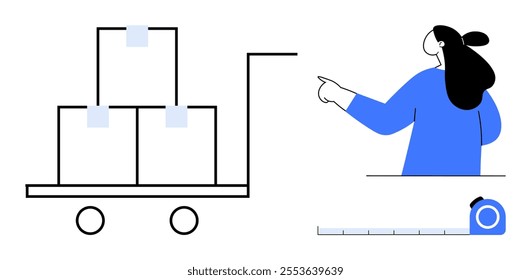 Woman pointing to a handcart loaded with three boxes. Roller tape measure below points to efficiency and management. Ideal for logistics, warehouse management, inventory control, supply chain