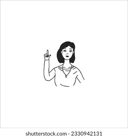 A woman is pointing her finger at something and talking. Doodle design style vector illustration.