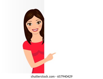 Woman pointing her finger up. Girl pointing around a sign. Vector illustration. Eps 10
