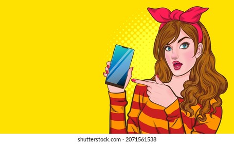 woman pointing and holding smartphone for introducing In Retro Vintage Pop Art Comic Style