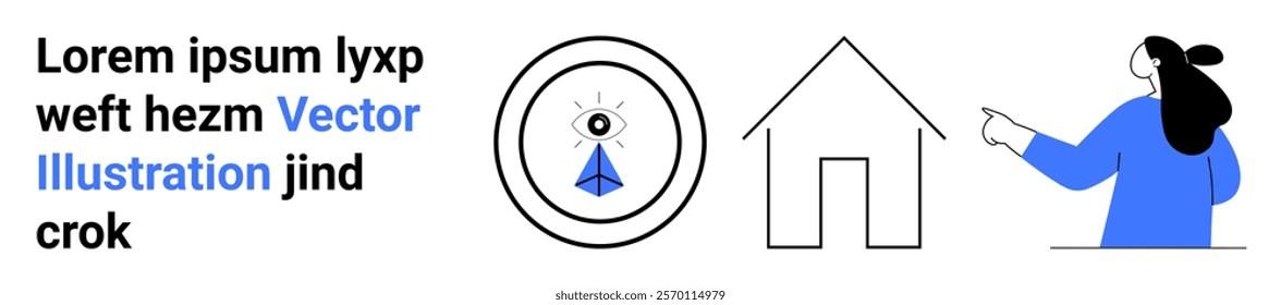 A woman pointing at a house with a surveillance camera icon and dummy text to the left. Ideal for home security, technology, smart home, surveillance, and safety. Banner for landing page