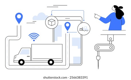 Woman pointing at interconnected elements like a truck, location markers, and factory equipment. Ideal for logistics management, supply chain, transportation, technology integration, modern business