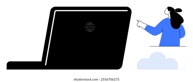 Woman pointing at laptop with a cloud symbol in a minimalistic, flat design. Ideal for technology, remote work, cloud computing, education, and presentations. Simplistic design style