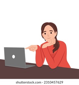 Mujer apuntando al portátil mientras sonríe y sostiene su barbilla. Ilustración vectorial plana aislada en fondo blanco