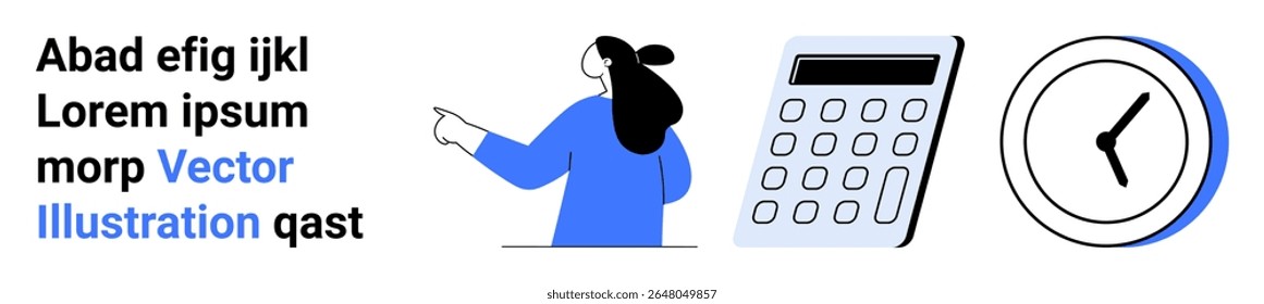 Mulher apontando, calculadora grande, relógio analógico e bloco de texto. Ideal para ferramentas de produtividade, aplicativos de gerenciamento de tempo, software de planejamento financeiro, apresentações comerciais, conteúdo educacional, blogs
