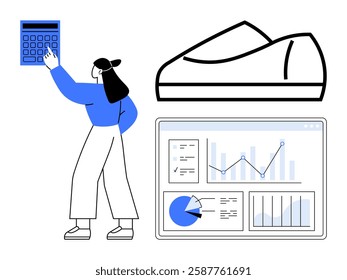 Woman pointing at large calculator, sneaker outline, and analytics dashboard with charts. Ideal for business, technology, finance, ecommerce, retail, data analysis, and sportswear. Line metaphor