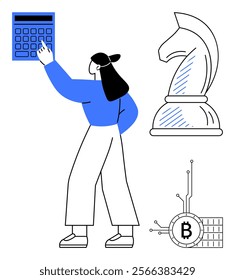 Woman pointing at a large calculator virtual interface knight chess piece representing strategy and a Bitcoin icon for cryptocurrency. Ideal for finance investment cryptocurrency strategic planning