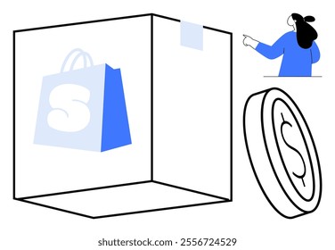 Woman pointing, large cardboard box, blue shopping bag, and coin with dollar sign. Ideal for online shopping, e-commerce, delivery services, retail business, customer satisfaction. Simplistic vector