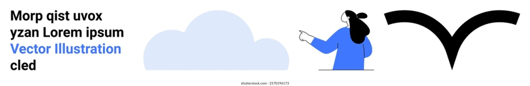 Woman pointing at a large cloud and a bird silhouette in contrast with sample text. Ideal for educational content, tech tutorials, online courses, cloud computing, and graphic design. Banner