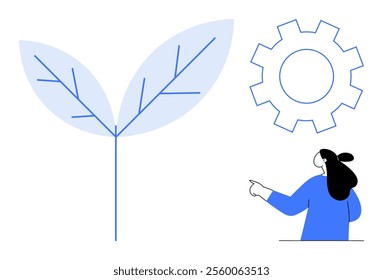 Woman pointing at a large gear and stylized leaves, representing the connection between technology, innovation, ecology, and progress. Ideal for technology, innovation, ecology, environmental