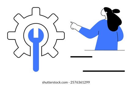 Woman pointing at large gear and wrench symbol. Ideal for tech support, maintenance, engineering, customer service, and tutorials. Simple minimalist style with blue and black colours