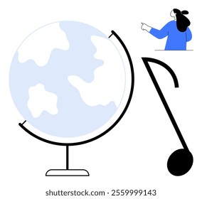 Woman pointing at a large globe and a sizable musical note. Ideal for education geography music teaching and global awareness. Elegant minimalistic clean style