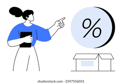 Woman pointing at large percentage symbol while holding clipboard, house at bottom. Ideal for financial education, real estate investment, mortgage rates, economic analysis, loan applications
