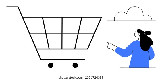 Woman pointing at a large shopping cart. Ideal for online shopping retail e-commerce consumer behavior and digital marketing. Minimalistic style with black and blue colors