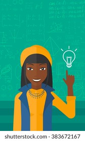 Woman pointing at light bulb.