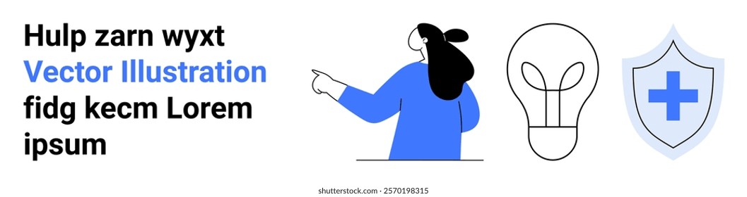 Woman pointing to the lightbulb and shield, symbols of protection and ideas. Ideal for creativity, security, education, innovation, and healthcare. Banner for landing page