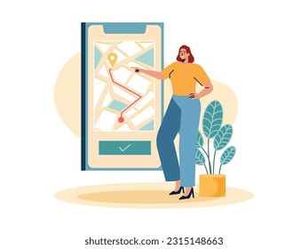 a woman pointing at a location on a large smartphone screen, is ordering something on an online app store
flat design
vector illustration