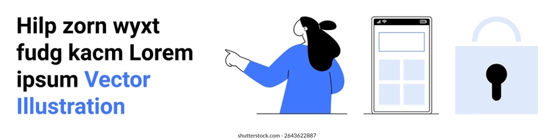 Woman pointing at mobile interface, random text snippet, and lock symbol illustrating security and data access. Ideal for cybersecurity, app development, data protection, online services, digital