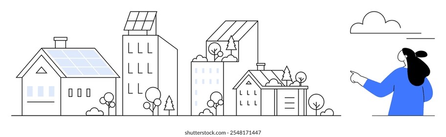 Woman pointing at modern buildings with solar panels and green roofs. Ideal for sustainability, eco-friendly living, technology advances, renewable energy, and community designs. Simple line art