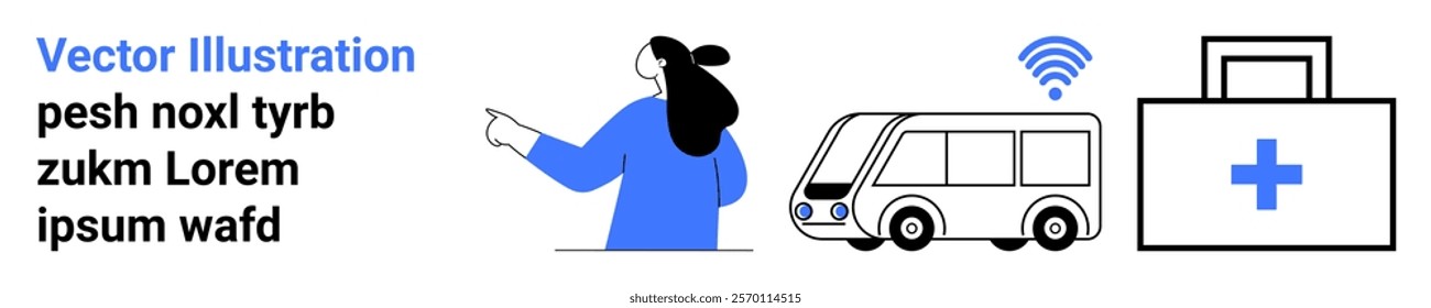 Woman pointing to modern bus with wireless symbol, and medical kit with cross. Ideal for transportation, connectivity, healthcare, urban mobility, modern lifestyle. Banner for landing page