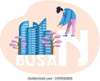 Woman pointing at national korean tree next to skyscraper. Poster advertising Busan in South Korea