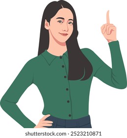 A woman is pointing one finger up