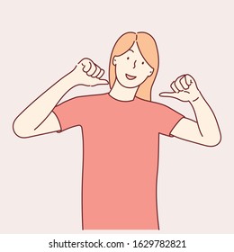 Woman pointing oneself with fingers proud and happy.Vector illustrations.