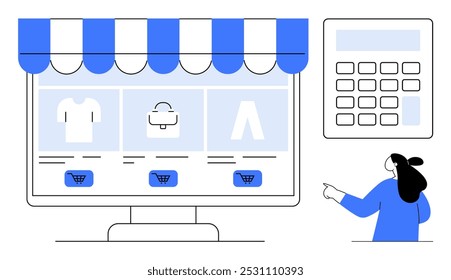 Vrouw wijzend naar een online winkelpui op een computerscherm met verschillende producten. Een rekenmachine staat naast de computer. Ideaal voor e-commerce, online winkelen, retail, digitale financiën