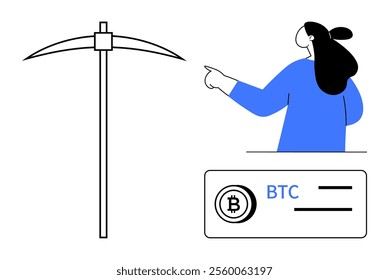 Woman pointing at a pickaxe with a Bitcoin logo label below. Ideal for cryptocurrency, digital finance, technology, blockchain, and investment themes. Simple line art