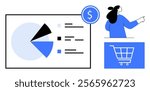 Woman pointing at a pie chart, dollar symbol, and shopping cart icon. Ideal for business analytics, marketing, financial reports, e-commerce, and data visualization. Simple, modern vector style