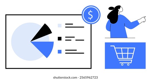 Woman pointing at a pie chart, dollar symbol, and shopping cart icon. Ideal for business analytics, marketing, financial reports, e-commerce, and data visualization. Simple, modern vector style