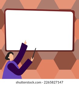 Woman pointing with pointer stick to important information written on whiteboard. Large Conversation Balloon with New Ideas. Blank speech bubble contains Recent Updates.