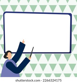 Woman pointing with pointer stick to important information written on whiteboard. Large Conversation Balloon with New Ideas. Blank speech bubble contains Recent Updates.