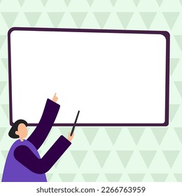 Woman pointing with pointer stick to important information written on whiteboard. Large Conversation Balloon with New Ideas. Blank speech bubble contains Recent Updates.
