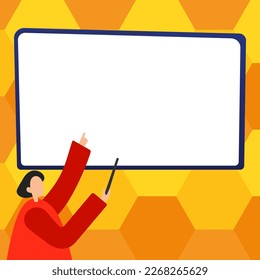 Woman pointing with pointer stick to important information written on whiteboard. Large Conversation Balloon with New Ideas. Blank speech bubble contains Recent Updates.