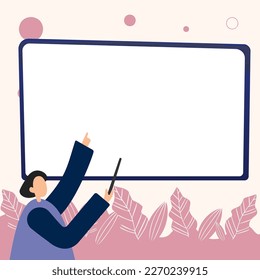 Woman pointing with pointer stick to important information written on whiteboard. Large Conversation Balloon with New Ideas. Blank speech bubble contains Recent Updates.